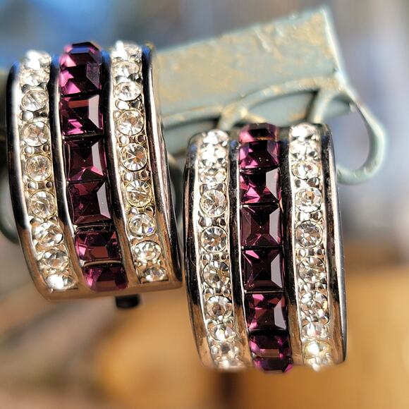 Vintage 1990s silver earrings, bold purple and clear crystal clip-ons - Picture 2 of 10